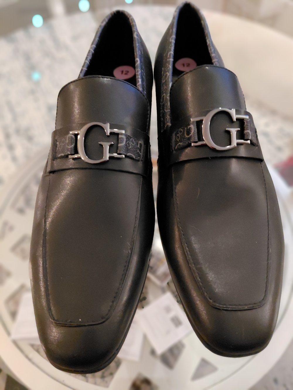 Guess Men's Black Leather Slip-On Loafers with Silver Accent